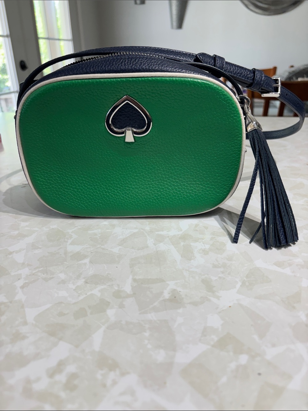kate spade Green and Navy Pebbled Leather Crossbody with Tassel